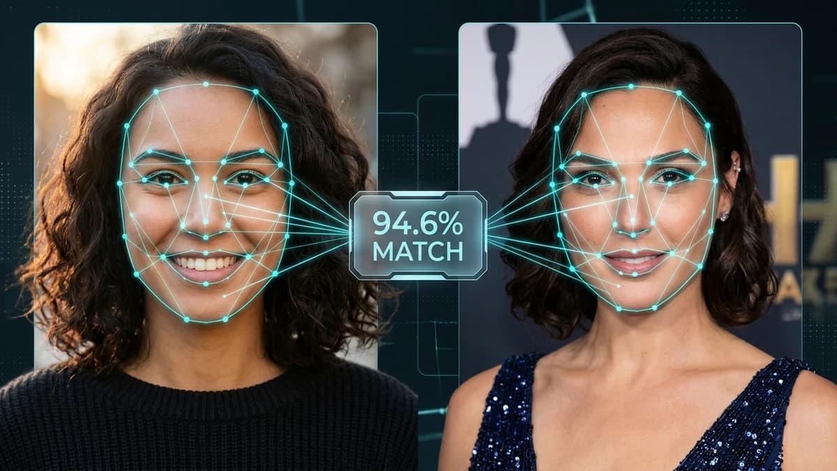 Celebrity face matching showing 68-point facial landmark mesh and inter-pupillary distance